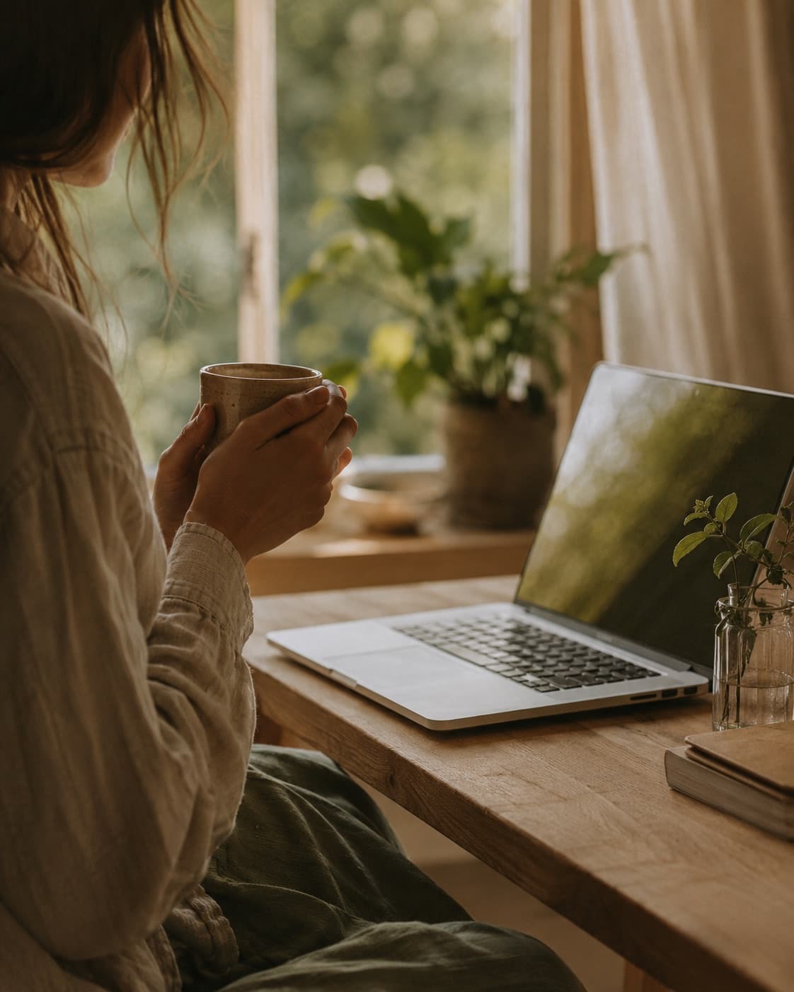 Ruhiger Moment zuhause: eine Person mit Teetasse am sonnigen Fenster, daneben ein Laptop