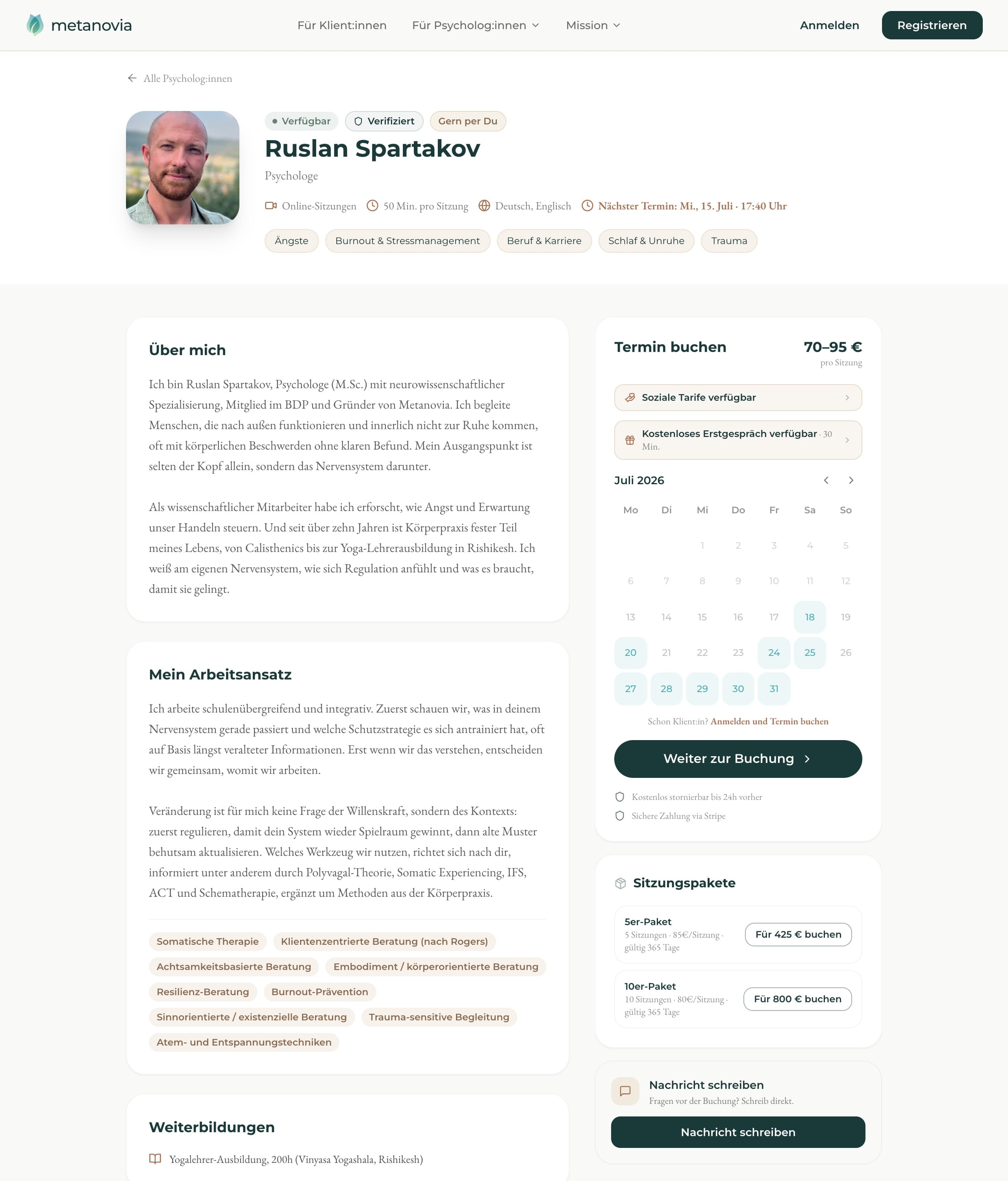 Öffentliche Buchungsseite einer Praxis auf Metanovia mit Profil und Kalender