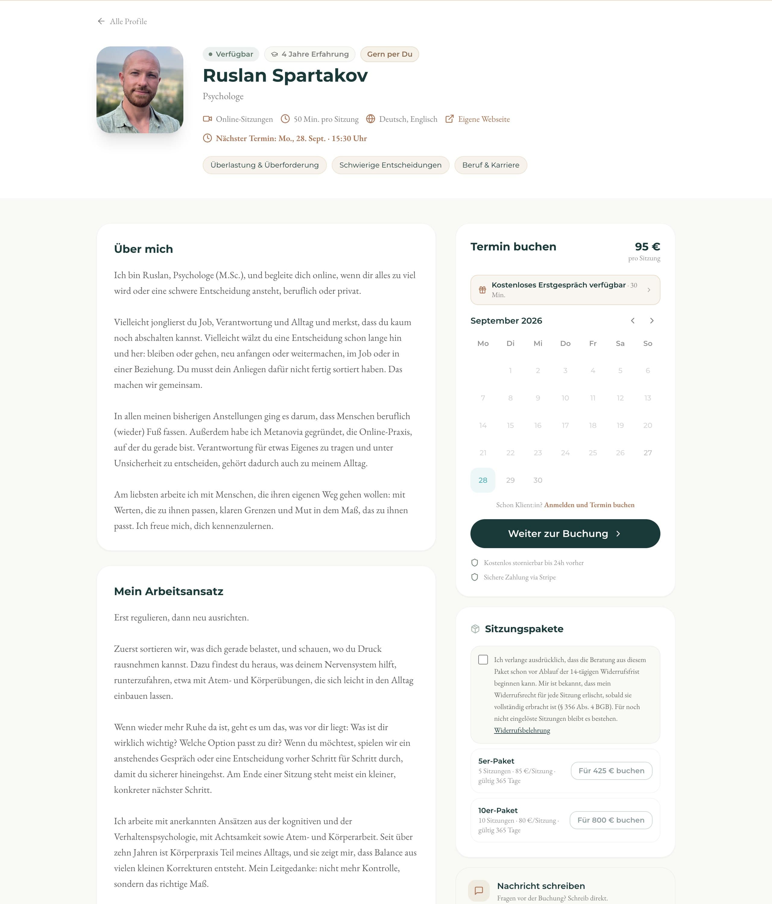 Öffentliche Buchungsseite einer Praxis auf Metanovia mit Profil und Kalender