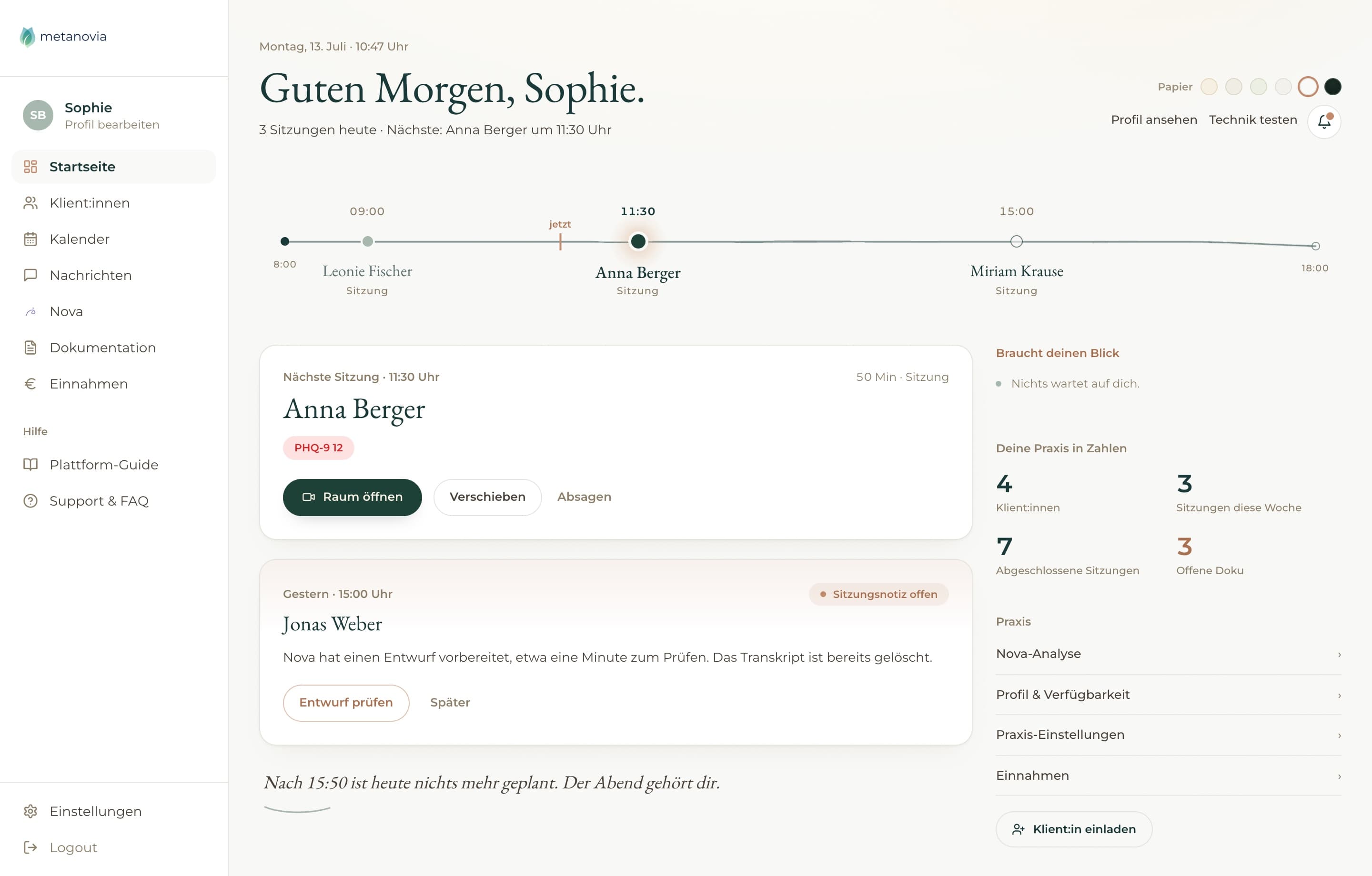 Praxis-Dashboard auf Metanovia: Tagesplan mit nächster Sitzung, offener Sitzungsnotiz und Praxis-Zahlen