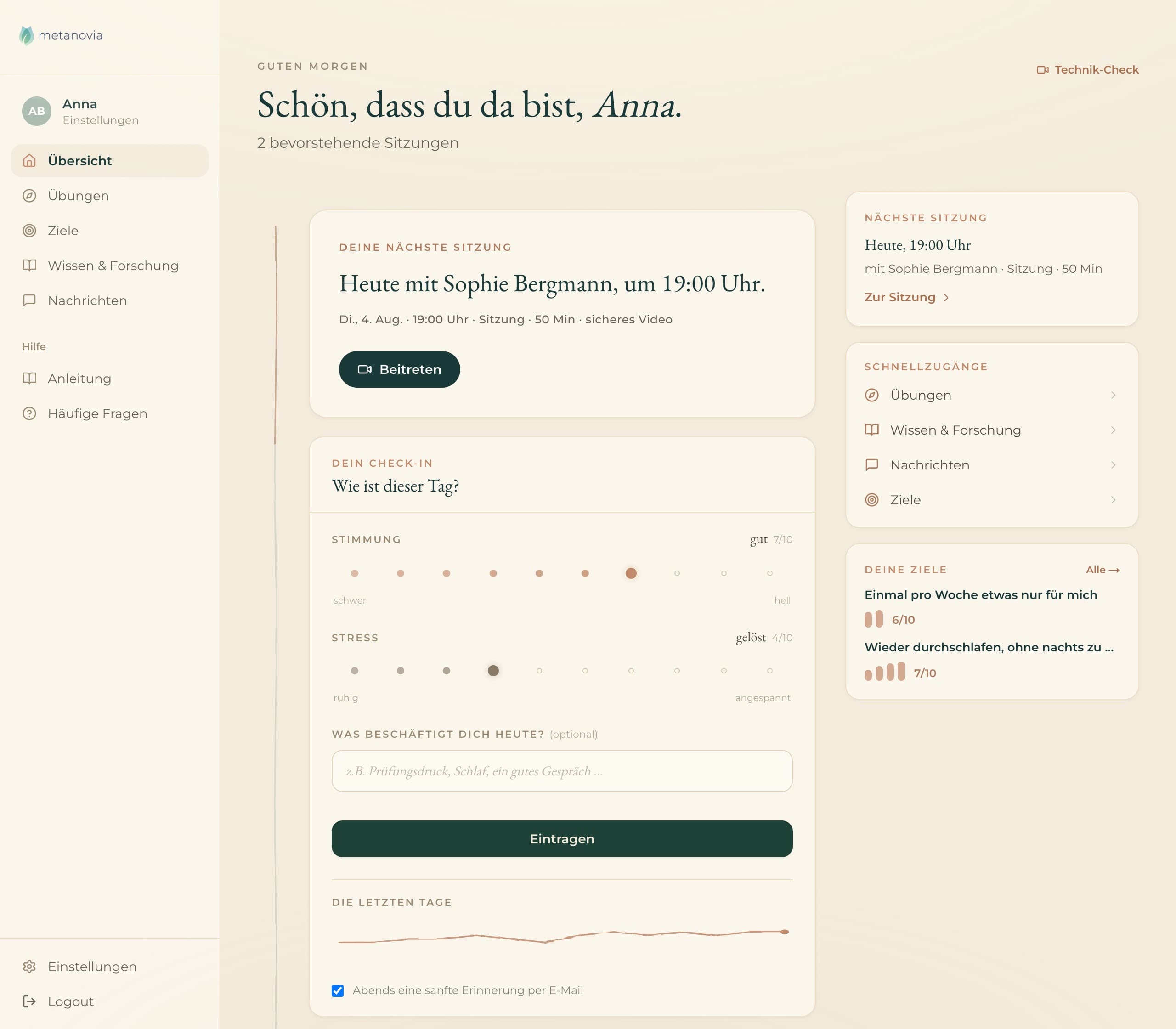 Der eigene Bereich auf Metanovia: nächste Sitzung mit Beitreten-Button, täglicher Check-in mit Stimmung und Stress, Schnellzugänge und Ziele