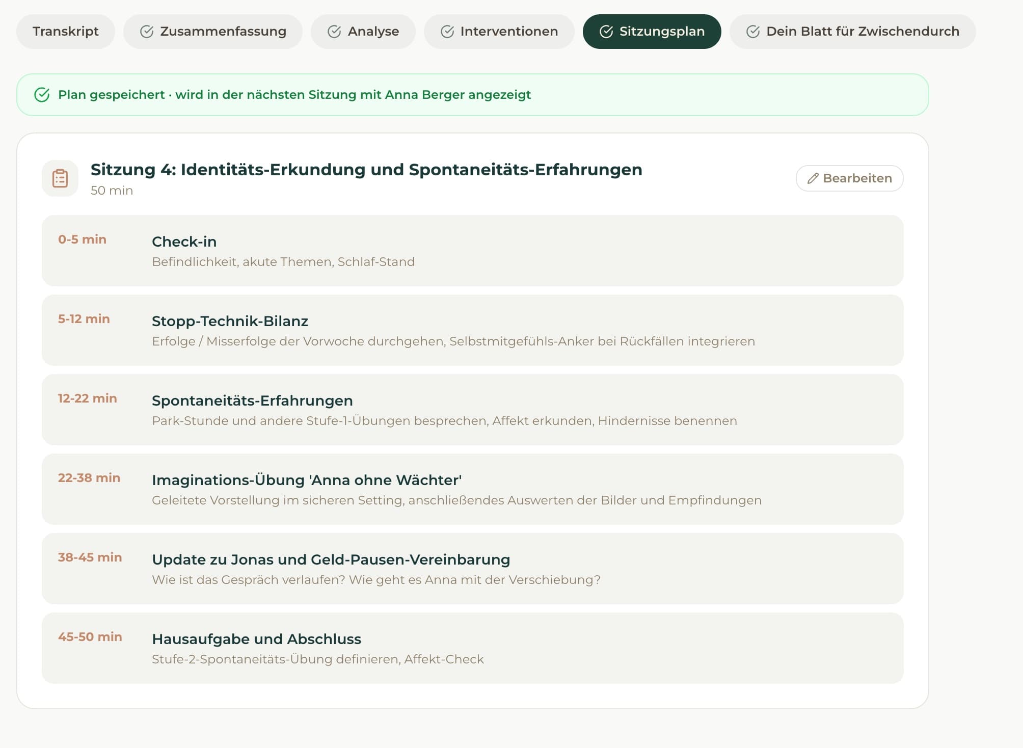 Von Nova erstellter Sitzungsplan mit Agenda, Zeiten und Hausaufgaben