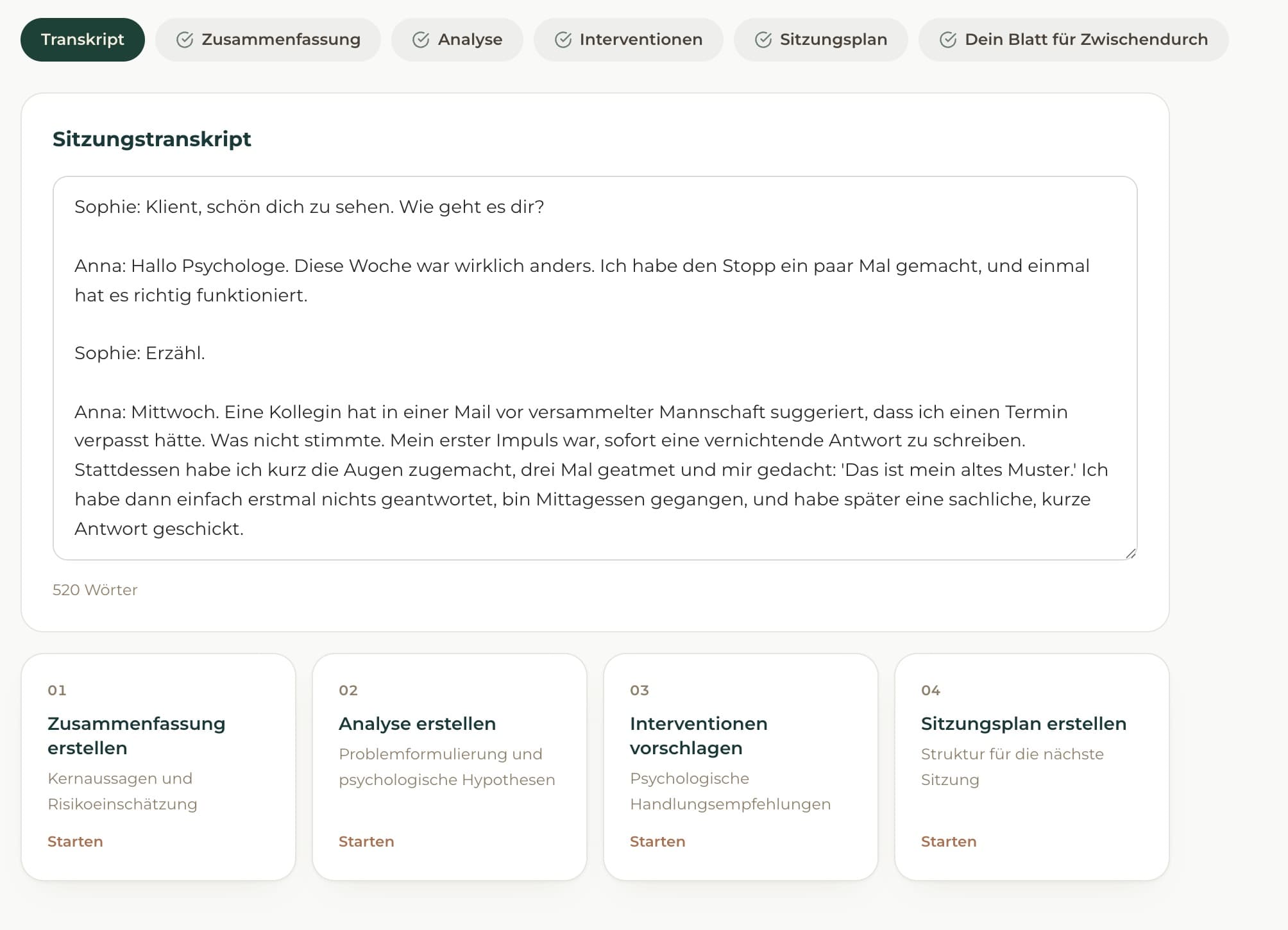 Nova mit dem Sitzungstranskript als Ausgangspunkt für Zusammenfassung, Analyse, Interventionen und Sitzungsplan
