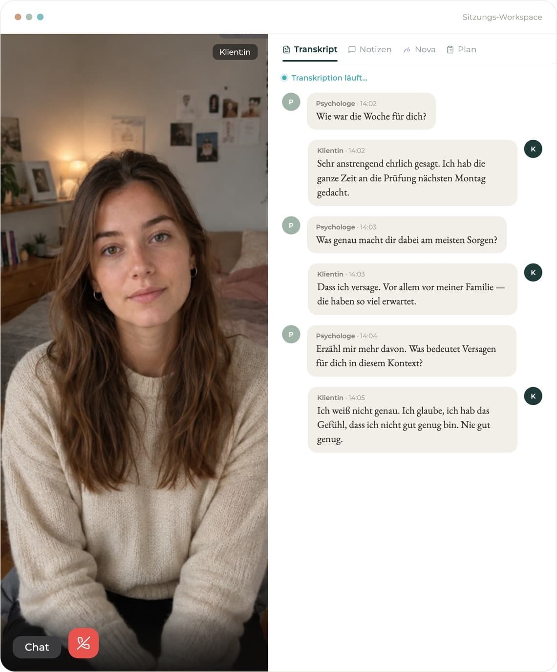 Sitzungs-Workspace: Videogespräch und Live-Transkript an einem Ort